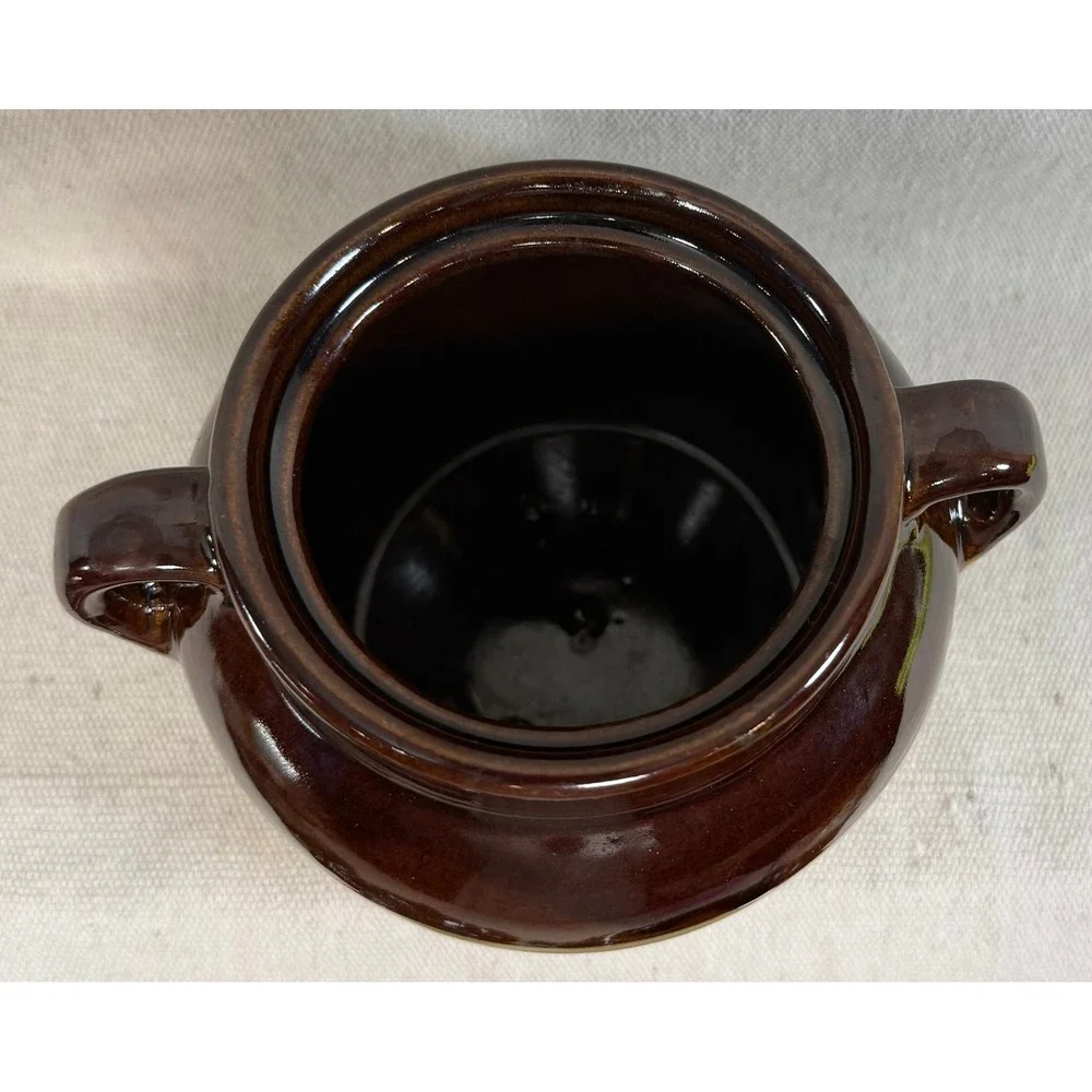 Western Stoneware Maple Leaf Bean Pot Vintage Brown Tan Two Tone Crock 4in
